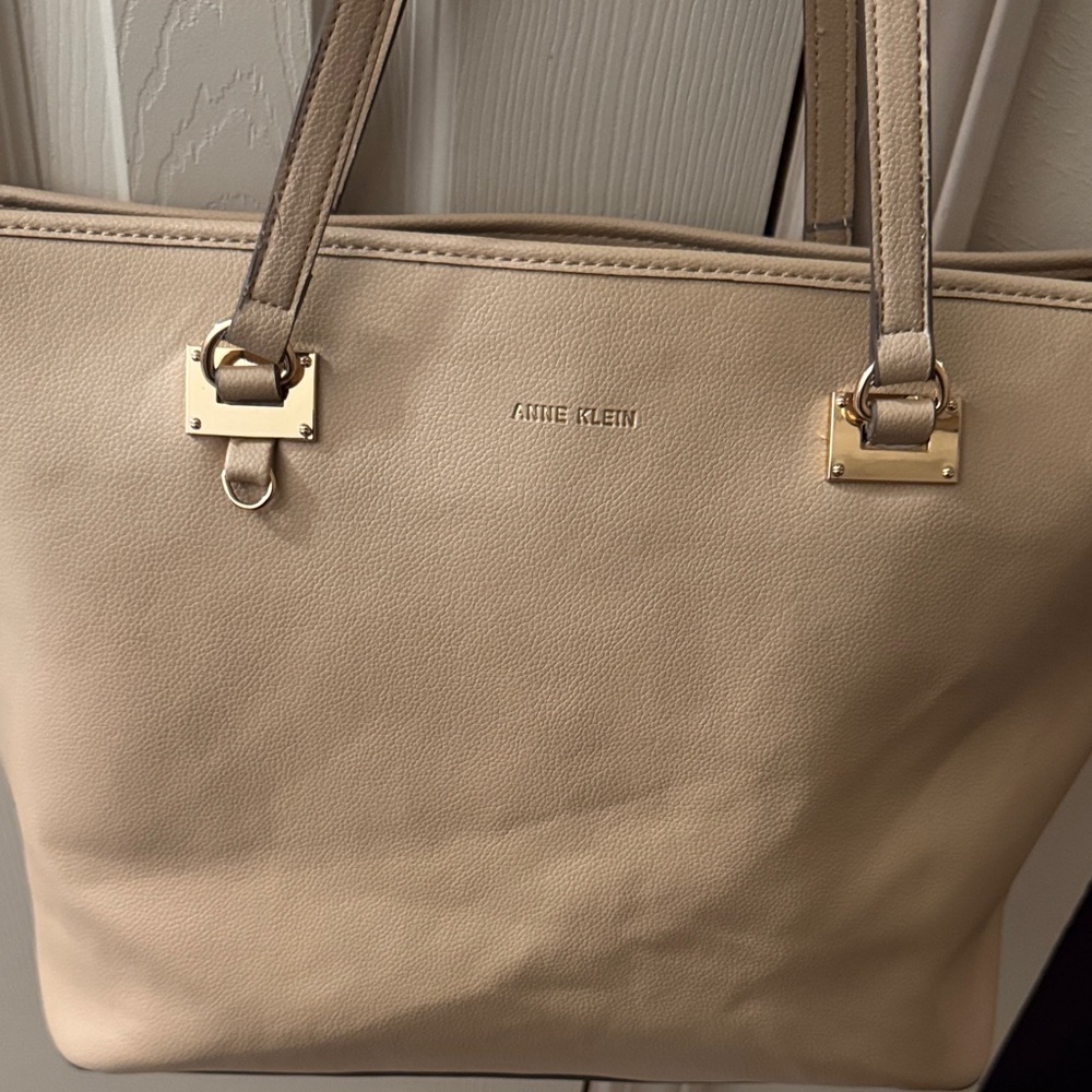 Anne Klein Neutral Beige Leather Tote with Gold Hardware